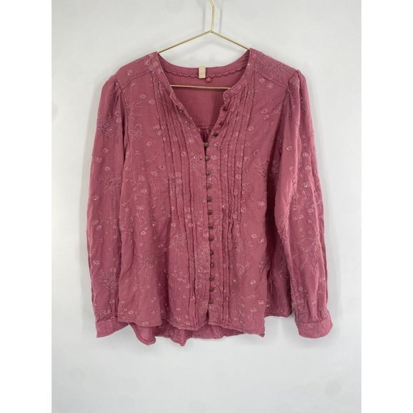 ANTHROPOLOGIE PILCRO BUTTON FRONT EMBROIDERED ROSE PINK XL - Picture 1 of 6